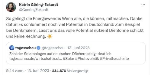 Grüne Energie-"Expertin" Katrin Göring-eckardt: Die Sonne schickt keine Rechnung