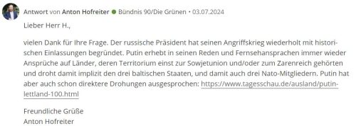 Hofreiter: Putin erhebt Ansprüche auf Länder, die einst zur Sowjetunion gehörten