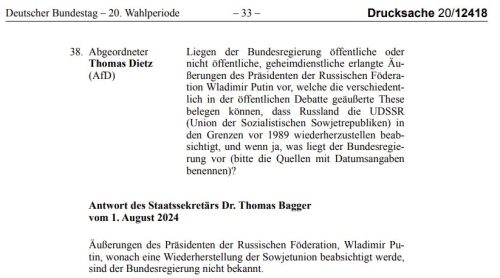 Stellungnahme der BuReg zur Lüge über Putins angeblichen Großmachtfantasien