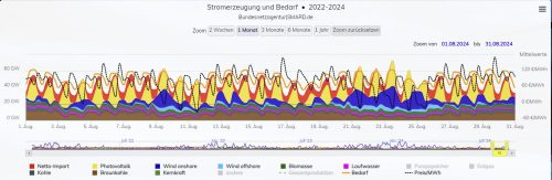 Stromerzeugung und Bedarf 08/2024