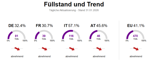 Gasspeicher-Füllstände 31.01.2026